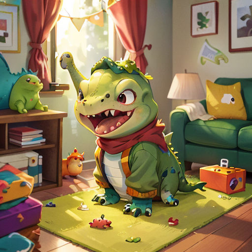 a cartoon dinosaur sitting on a rug in a living room with a green couch and a green chair and a green table