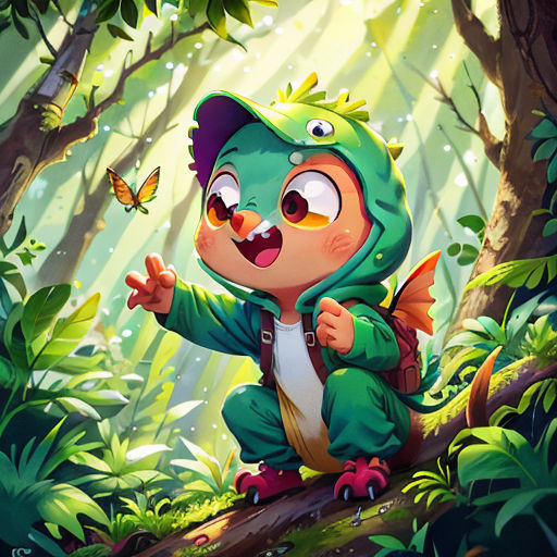 a cartoon character is standing in the woods with a butterfly flying overhead and a butterfly is flying above him