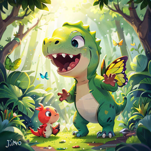 a cartoon dinosaur with a butterfly on its back in the forest with a little red dragon in the foreground