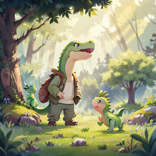 a dinosaur and a man in a forest with trees and rocks, with a backpack on his back, and a dinosaur in the foreground