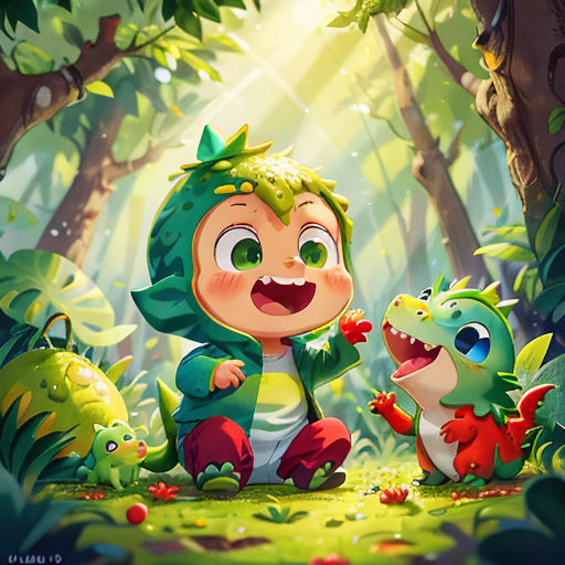 a cartoon character is sitting in the forest with a baby dinosaur and another animal in front of him,