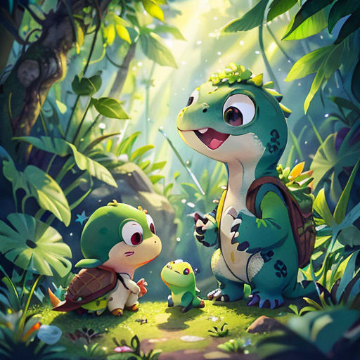 a couple of small animals standing in the middle of a forest with a baby turtle on the ground next to them