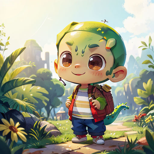 a cartoon character with a backpack and a backpack on a path in a jungle area with flowers and plants