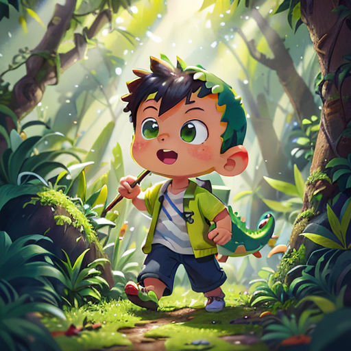 a boy with a green backpack walking through a forest with a green dinosaur in his hand and a green backpack on his shoulder