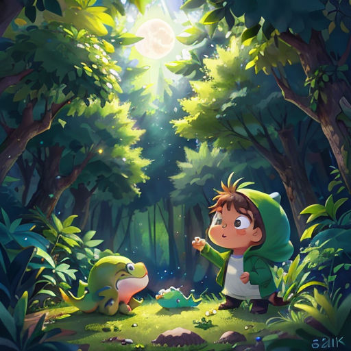a boy in a green hoodie standing in the woods with a frog in front of him and a light shining through the trees