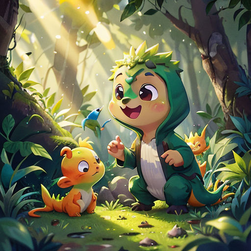a cartoon character is standing in the woods with a bird and a dinosaur in front of him, and a bird is sitting on the ground