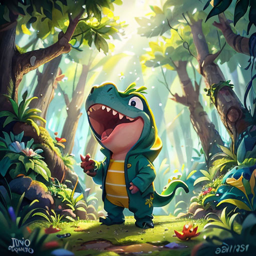 a cartoon dinosaur in a forest with a light shining through the trees and leaves on the ground, with a large open mouth