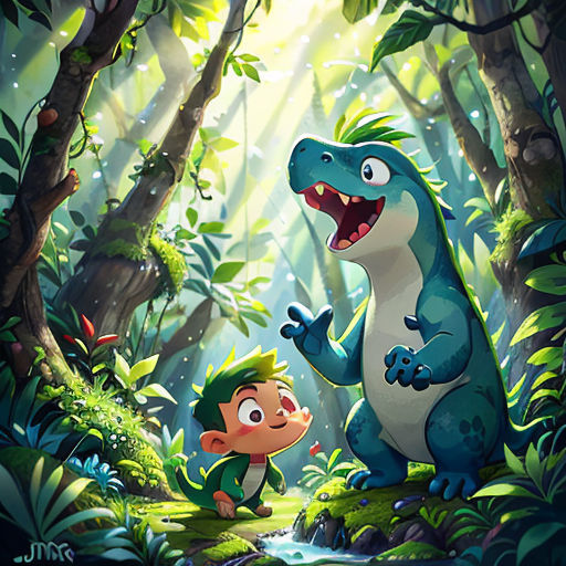 a boy and a dinosaur in the jungle with a light shining through the trees and a man standing in the foreground