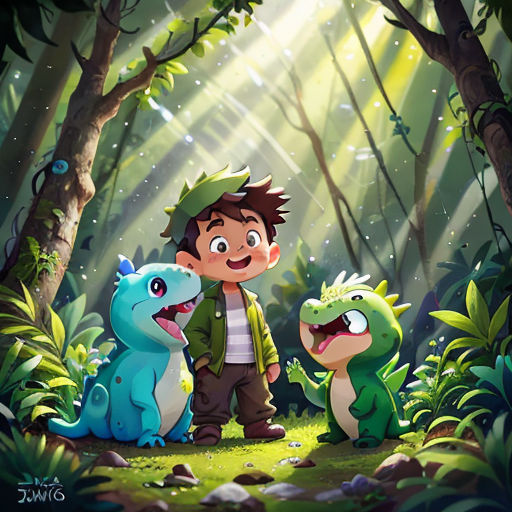 a boy and two dinosaurs in the forest with a light shining through the trees behind him and a boy standing in the woods