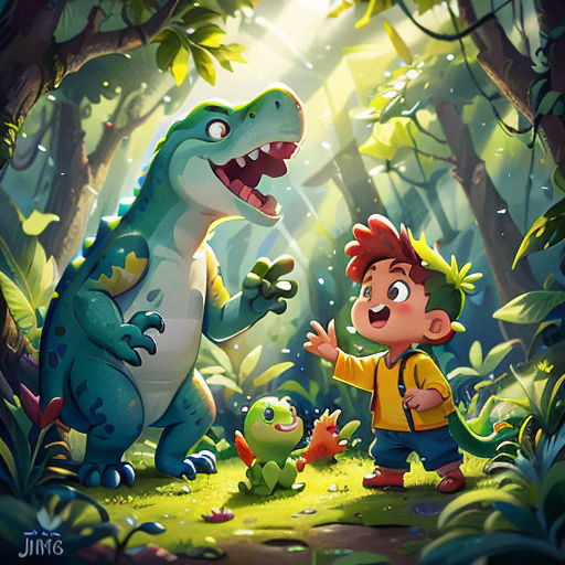 a boy and a dinosaur in the forest with a light shining on them and a boy pointing at a dinosaur