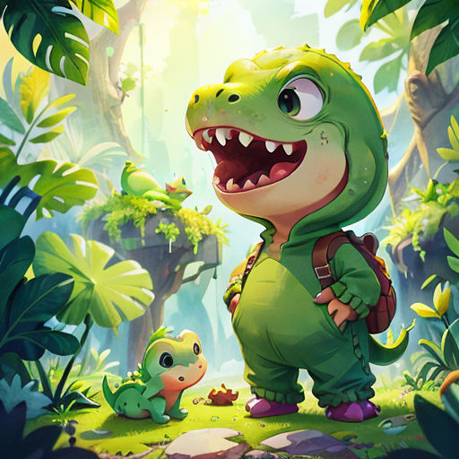 a cartoon dinosaur with a backpack and a frog in the jungle with a baby dinosaur in the background, and a sunbeam