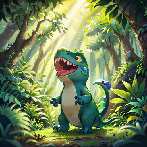 a cartoon dinosaur in the jungle with a light shining through the trees and leaves on the ground, with a large open mouth