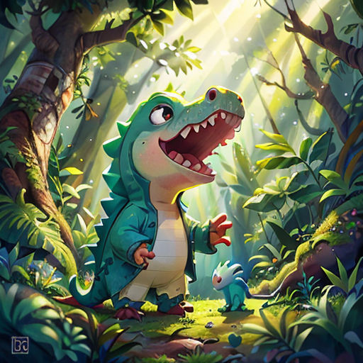 a dinosaur in the jungle with a baby dinosaur in the foreground and a sunbeam behind it, with a forest scene in the background