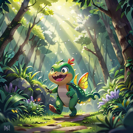 a cartoon character in the woods with a light shining on him and a forest background with trees and plants