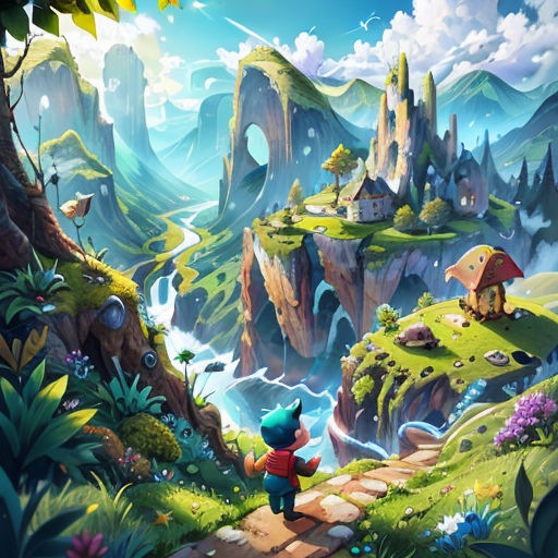 a cartoon character walking through a lush green valley with a waterfall and a small house on top of a hill