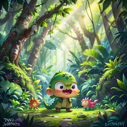 a cartoon character standing in the middle of a forest with a green plant and a red bird in the foreground