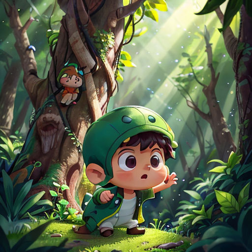 a boy in a green hat standing in the middle of a forest with a monkey on his back and a monkey on his shoulder