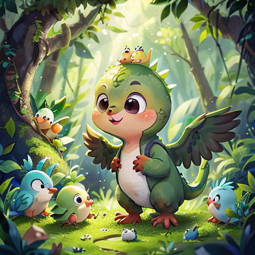 a cartoon bird with many birds around it in the forest with trees and grass and sunlight shining through the leaves