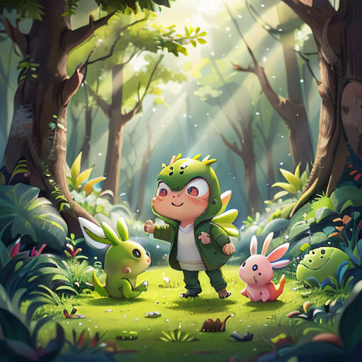 a cartoon character is standing in the woods with two rabbits and a frog in front of them, with a light shining on the ground