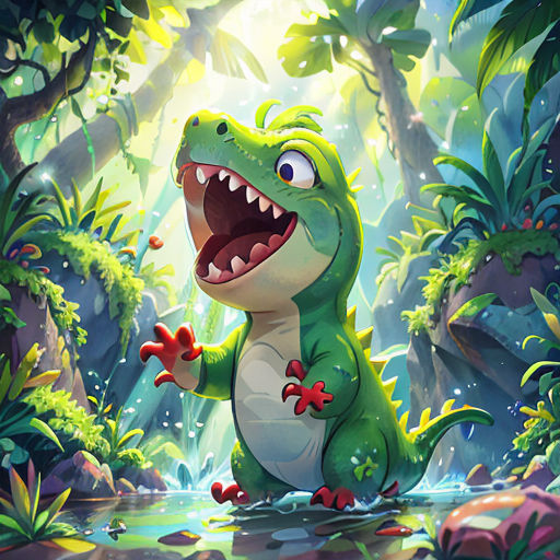 a cartoon dinosaur with its mouth open and a frog in the background with a pond and trees in the foreground