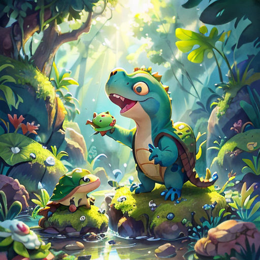 a painting of a dinosaur and a frog in a forest with a pond and trees in the background, with sunlight coming through the leaves