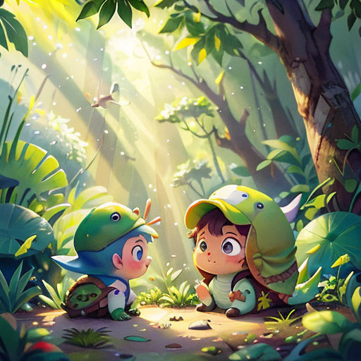 two children in the forest with a green hat and a green backpack on their backs, looking at each other