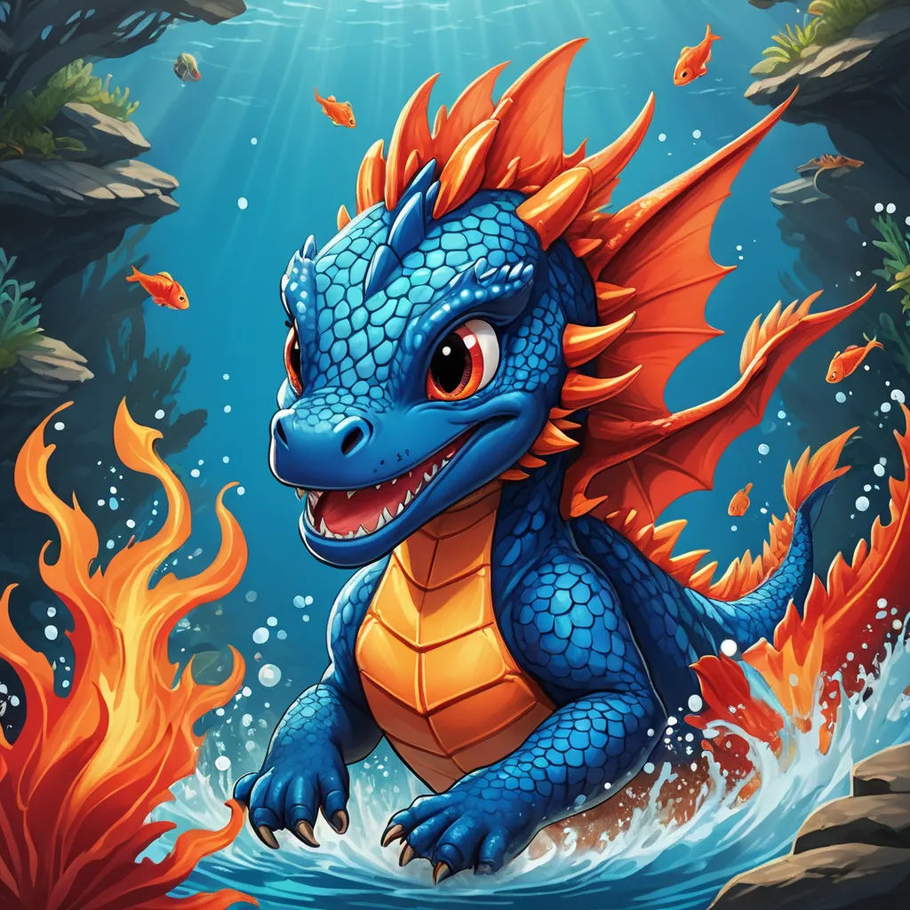 a cartoon blue dragon with orange wings is swimming in the water with corals and rocks around him, with a sunbeam above it, fantasy art, a character portrait, Du Jin, dragon art