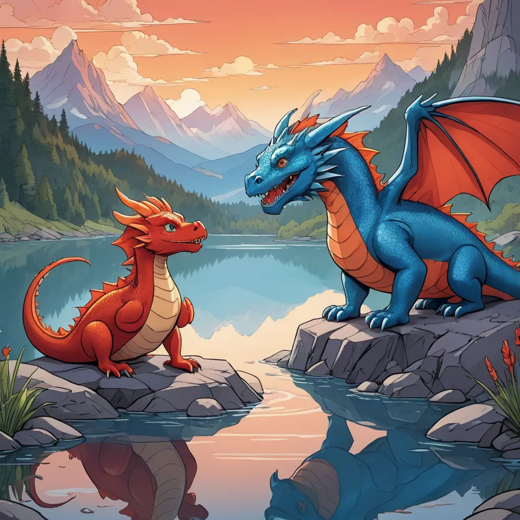 a dragon and a dragon sitting on rocks near a lake with mountains in the background and a sunset sky, fantasy art, a storybook illustration, Dan Mumford, dragon art