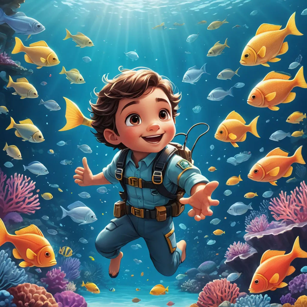 a boy in a diving suit is swimming in the ocean with fish and corals around him, with a scuba mask on, fantasy art, a storybook illustration, Cliff Childs, rossdraws global illumination