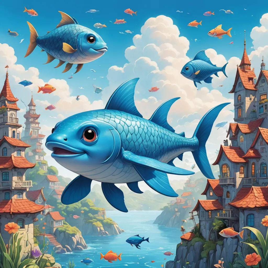 a painting of a blue fish in front of a castle and a body of water with fish swimming around, pop surrealism, a storybook illustration, Chris LaBrooy, highly detailed digital painting
