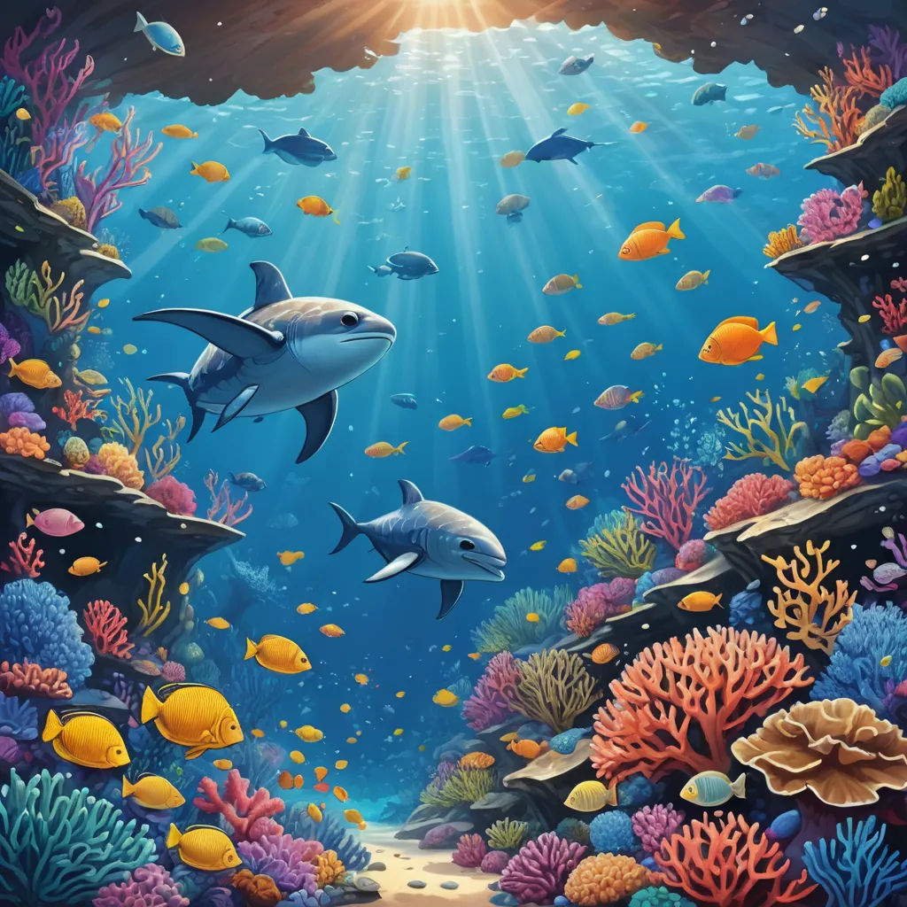 a painting of a sea with dolphins and fish swimming in it's water and sunlight shining through the water, fantasy art, an airbrush painting, Chris LaBrooy, highly detailed digital painting