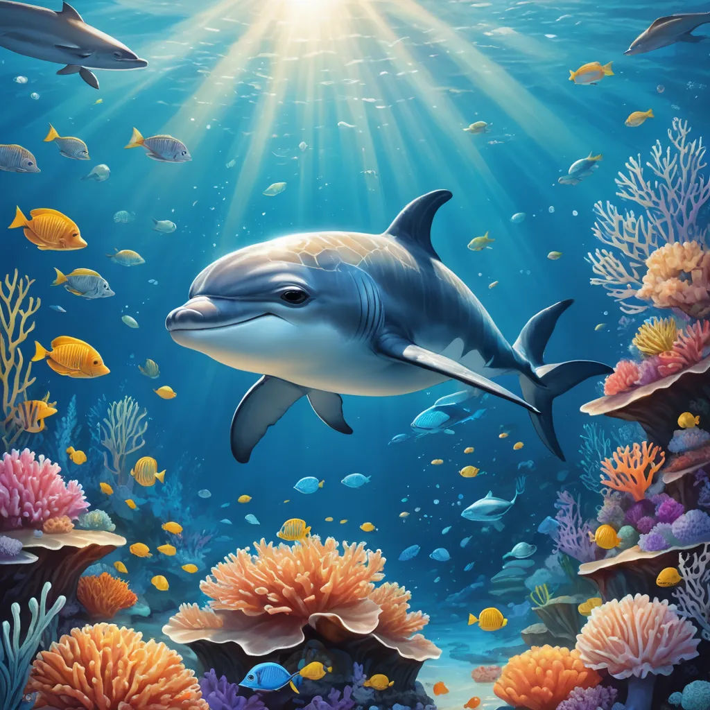a dolphin swimming in the ocean with corals and fish around it, with sunlight shining through the water, fantasy art, an airbrush painting, David Martin, highly detailed digital painting