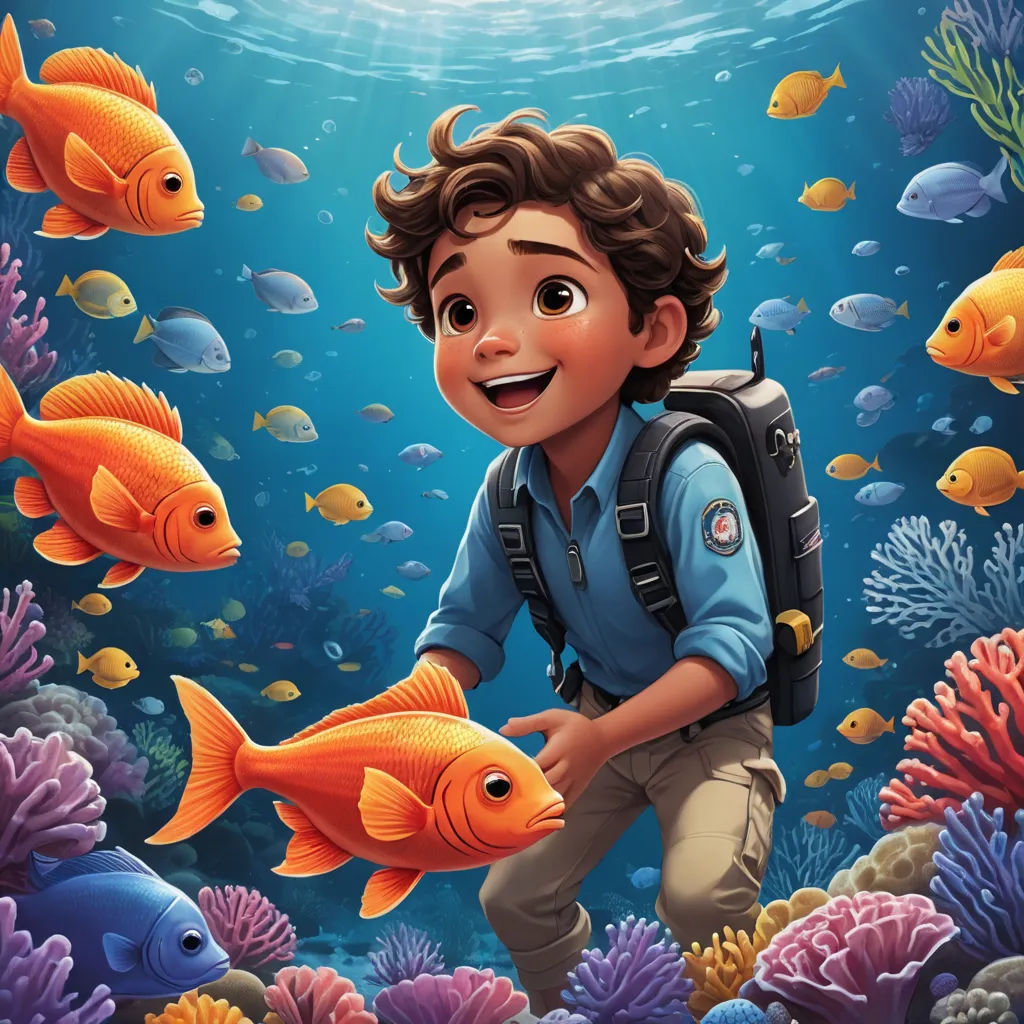 a boy is looking at a fish in the ocean with a backpack on his back and a school bag on his shoulder, fantasy art, a storybook illustration, Cliff Childs, key art