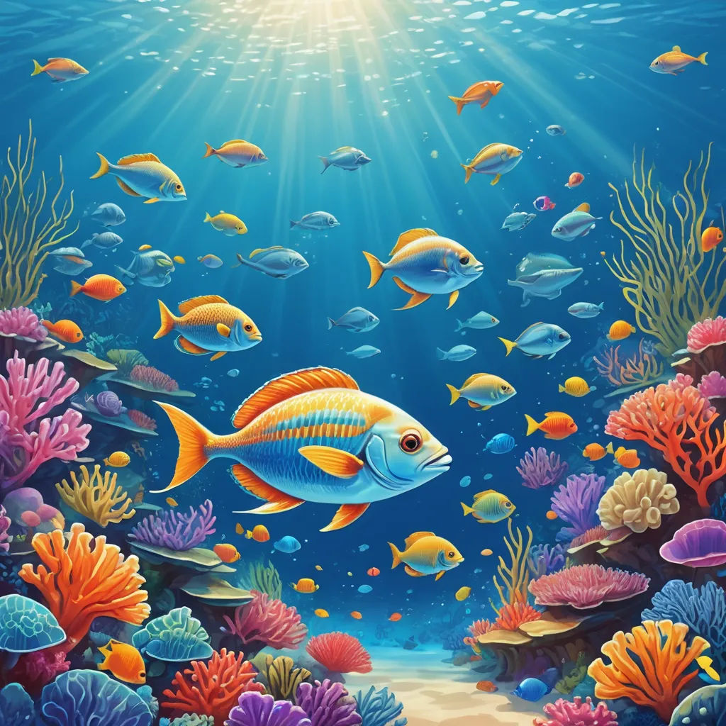 a painting of a fish swimming in the ocean with corals and other fish around it, with sunlight shining through the water, computer art, computer graphics, Aquirax Uno, underwater
