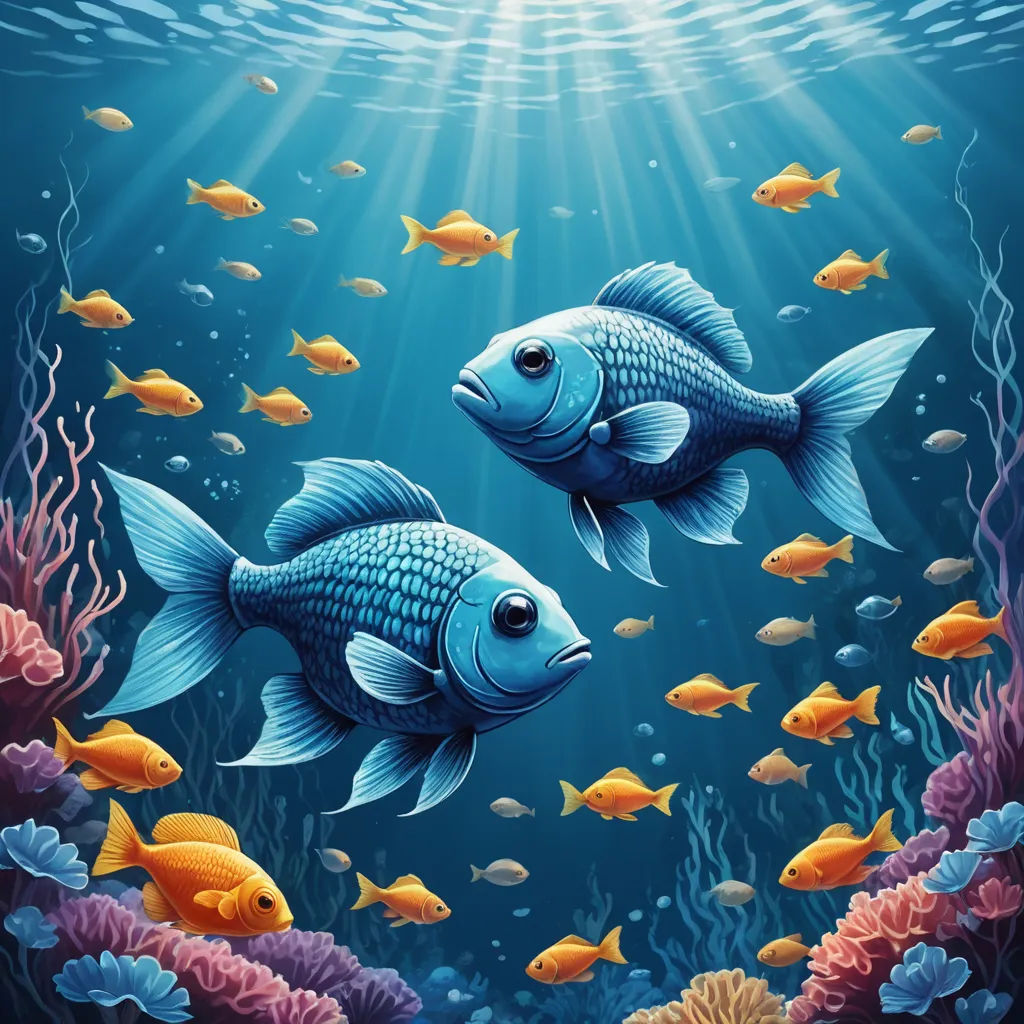 two fish swimming in the ocean with a lot of fish around them and a sunbeam above them that is shining, psychedelic art, a storybook illustration, Cyril Rolando, highly detailed digital painting