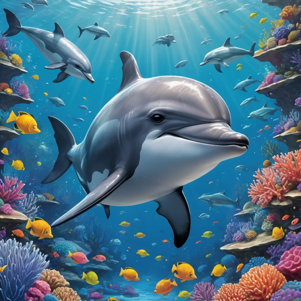 a dolphin swimming in the ocean surrounded by fish and corals with sunlight shining through the water's surface, pop surrealism, an airbrush painting, David Martin, highly detailed digital painting