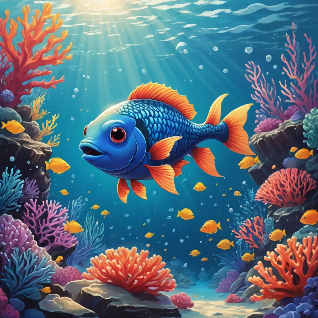 a painting of a fish swimming in a sea with corals and other sea life around it, with sunlight shining through the water, fantasy art, an airbrush painting, Chris LaBrooy, highly detailed digital painting