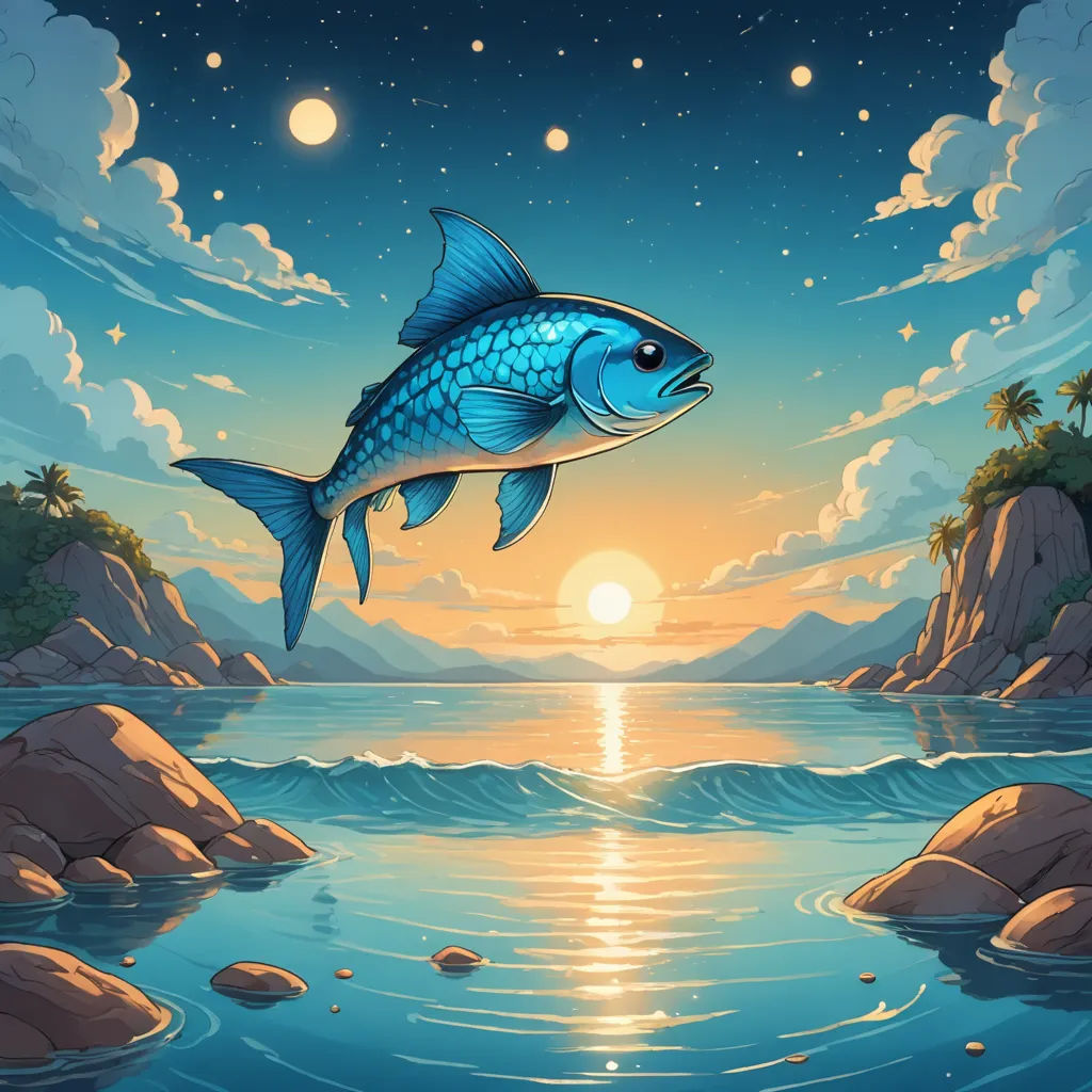 a blue fish is swimming in the ocean at night time with the sun shining down on the water and the rocks, fantasy art, a storybook illustration, Chris LaBrooy, 2 d game art