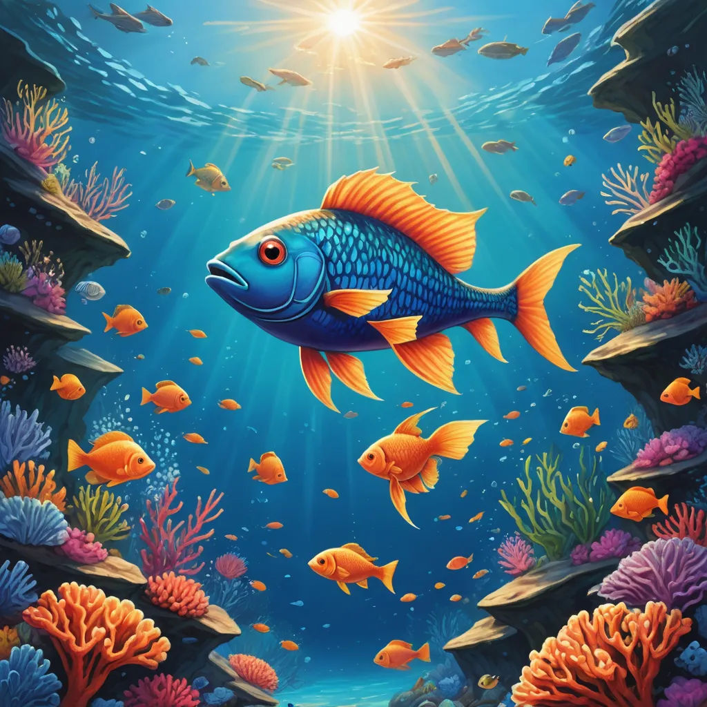 a painting of a fish swimming in a sea with corals and other fish around it, under a bright blue sky, psychedelic art, an airbrush painting, David Martin, highly detailed digital painting