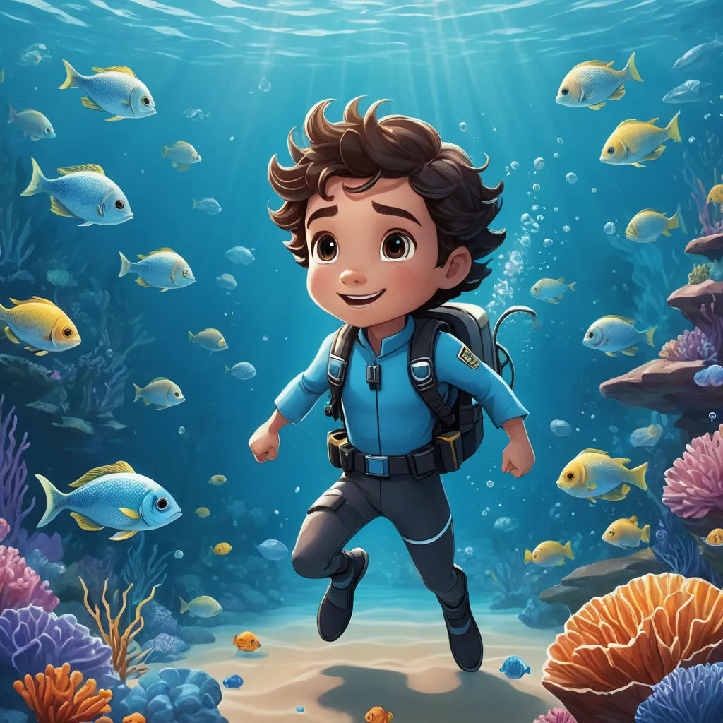 a boy in a diving suit is swimming in the ocean with fish and corals around him illustration for children, sots art, a storybook illustration, Cliff Childs, promotional image