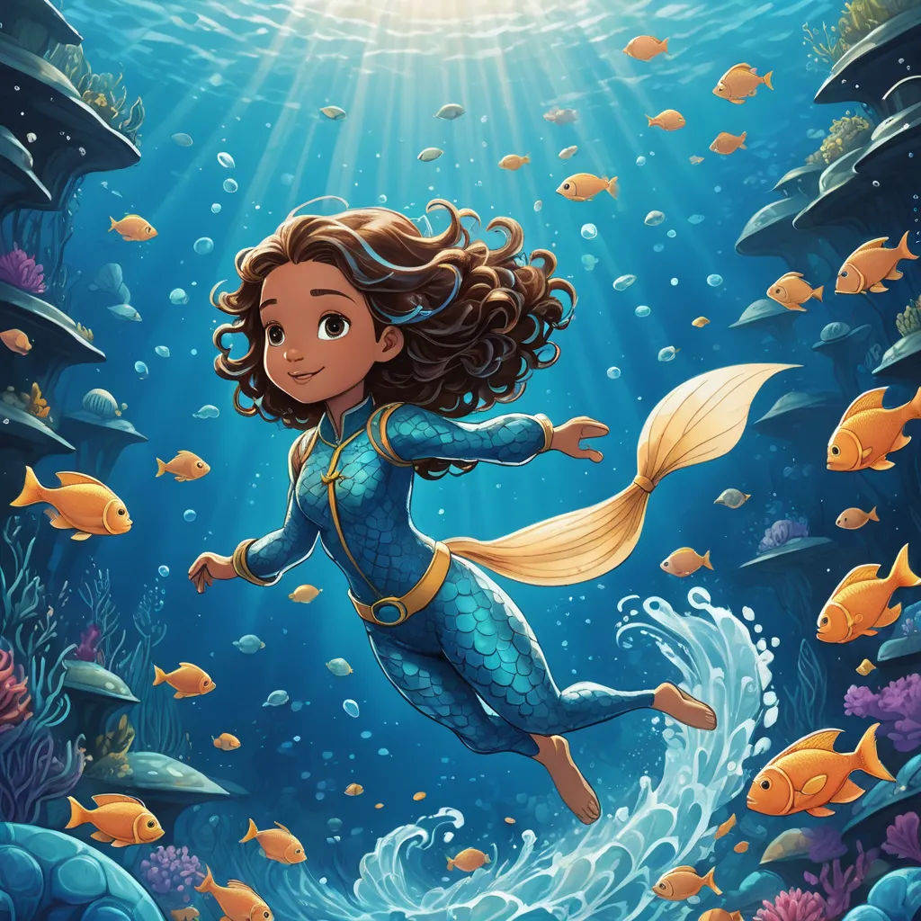 a cartoon girl is swimming in the ocean with fish and bubbles around her, and a sunbeam above her, fantasy art, a poster, Cliff Childs, comic cover art