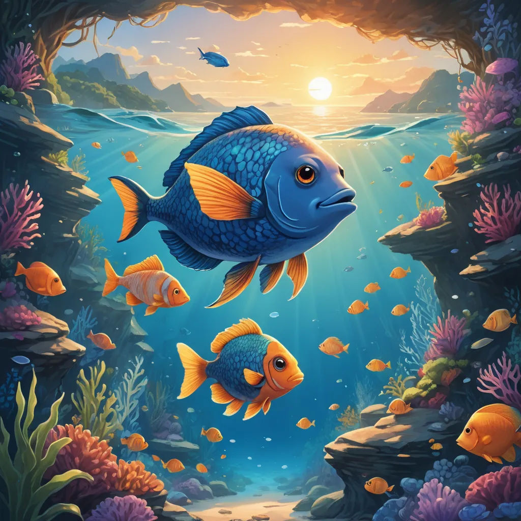 a painting of a blue fish swimming in a coral reef with other fish under water and a sun setting, fantasy art, an airbrush painting, Chris LaBrooy, highly detailed digital painting