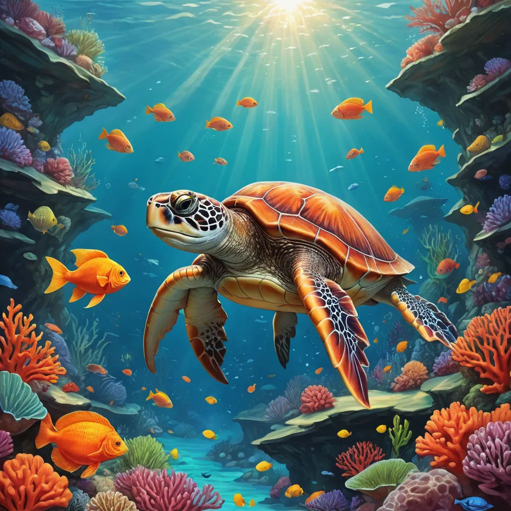 a painting of a turtle swimming in a coral reef with fish around it and sunlight shining down on the water, fantasy art, an airbrush painting, Chris LaBrooy, highly detailed digital painting