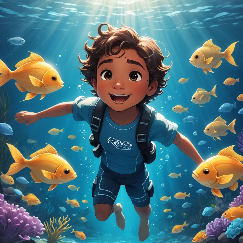 a boy is swimming in the ocean with fish around him and a sunbeam above him is a school of fish, rayonism, a storybook illustration, Cliff Childs, rossdraws global illumination