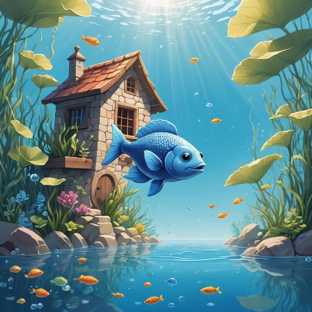 a blue fish swimming in a pond near a house with a window and a door to another room with a door, fantasy art, a storybook illustration, Chris LaBrooy, highly detailed digital painting