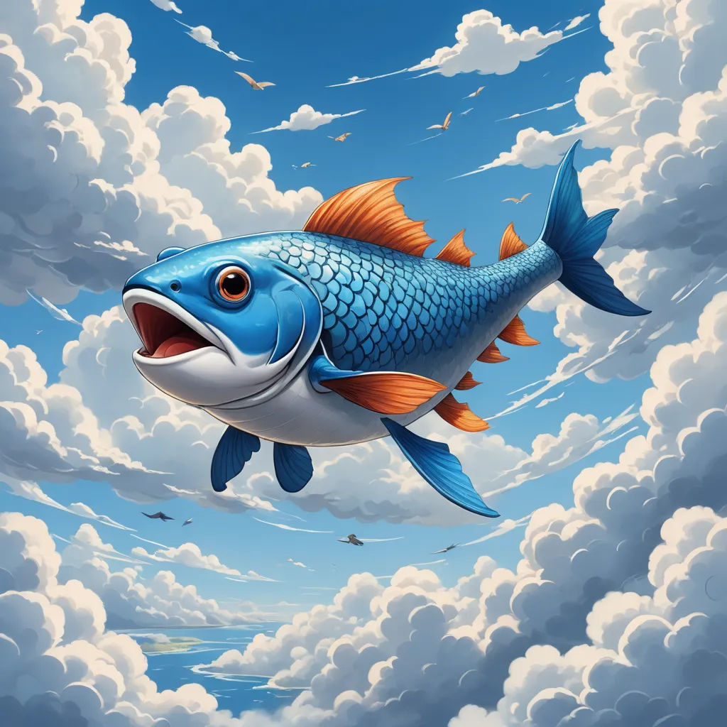 a fish is flying through the air with clouds in the background and a blue sky with white clouds and a few birds, pop surrealism, an airbrush painting, Chris LaBrooy, highly detailed digital painting