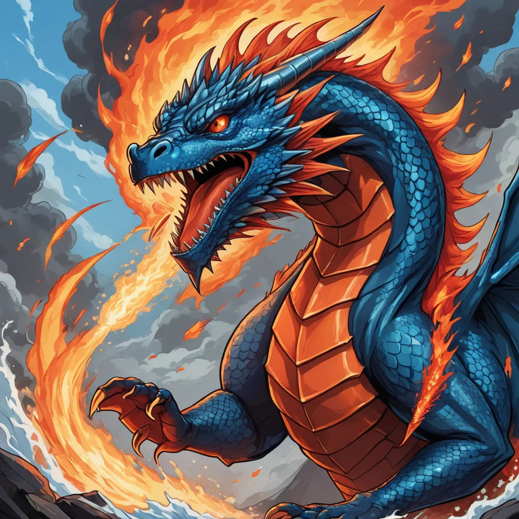 a blue dragon with orange flames on its back legs and head, standing in the water with its mouth open, altermodern, a comic book panel, Anne Stokes, dragon art