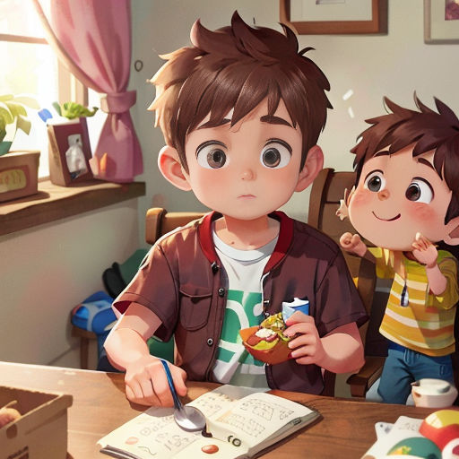 a boy and a girl eating cereal at a table in a room with a window and a book on the table