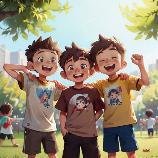 three boys are standing in a park with their arms around each other and their faces are drawn in the air