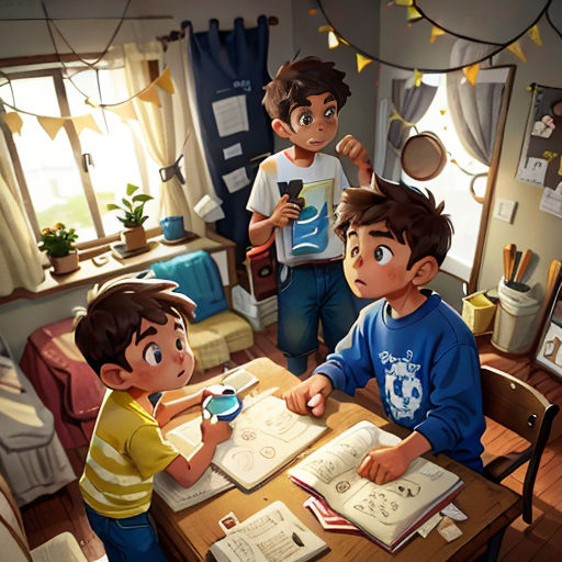 a group of children sitting at a table with books and a cup of coffee in front of them,